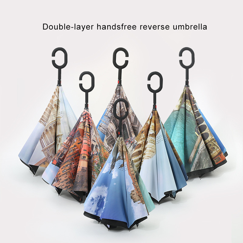 Sublimation blanks umbrella reverse umbrella poppy windproof double layer straight umbrella with curved handle