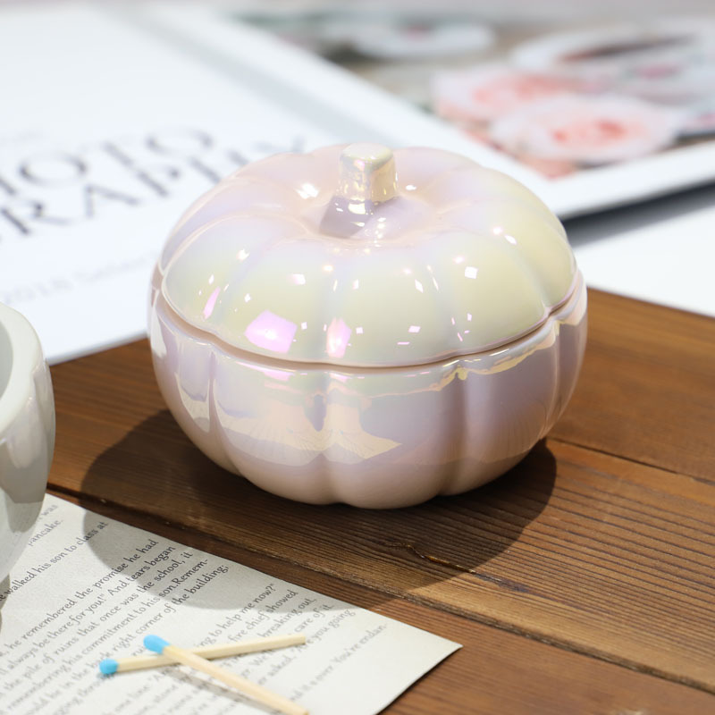 Home decor nordic pumpkin shape pearl glaze soy wax candle ceramic art luxury candle jar with lid