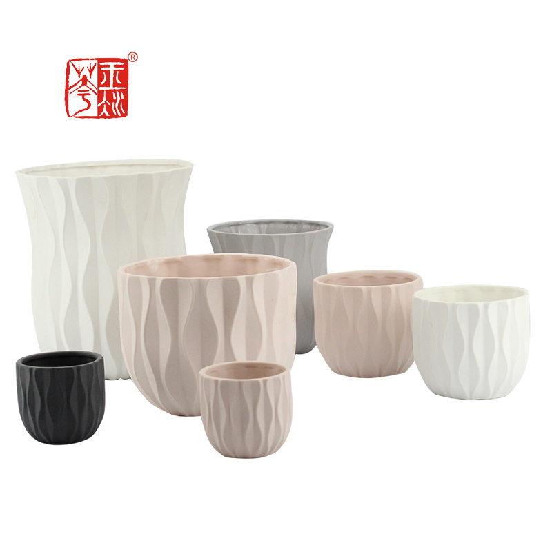 Bulk Wave Textured Design Flower Pot /  Balcony Decorative Ceramic Succelent Planter