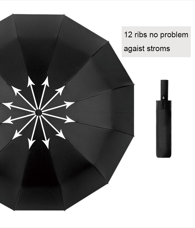 Super Strong Windproof 23 Inch 12 Ribs 210T Pongee 3 Foldable Umbrella with Long Handle