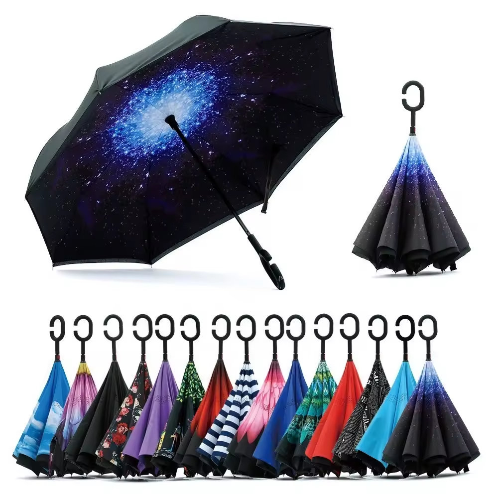 YB New Inverse Car Umbrella with Logo Custom Double Layer Inside Out C Shape Handle Design Inverted Folding Reverse Umbrella