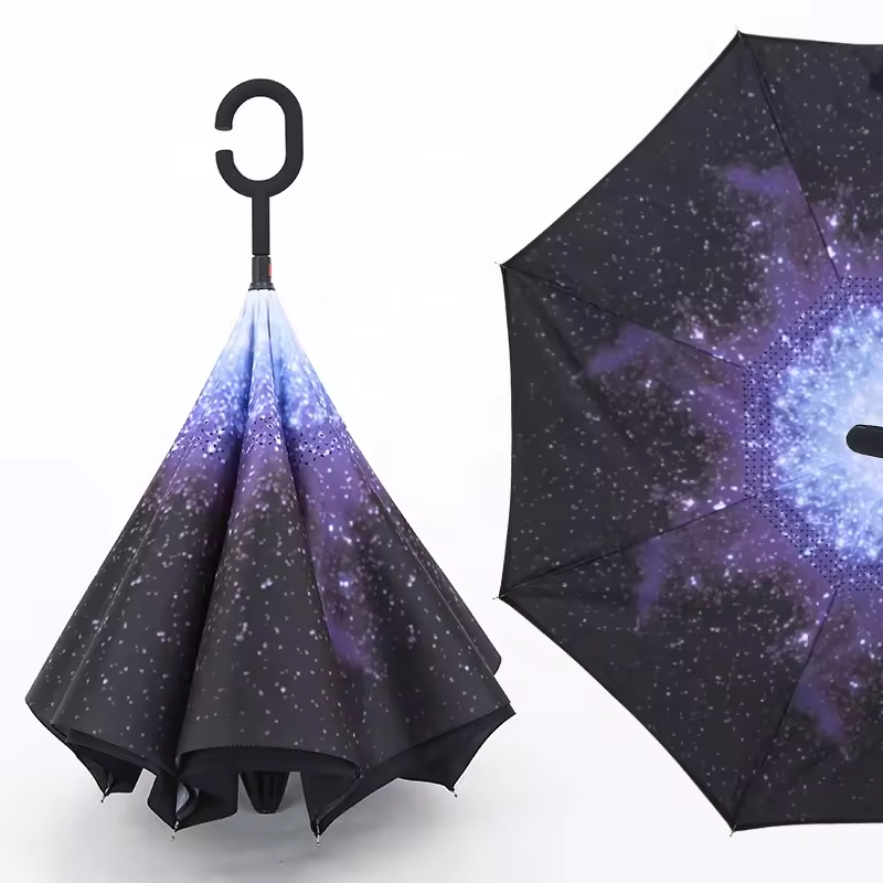 YB New Inverse Car Umbrella with Logo Custom Double Layer Inside Out C Shape Handle Design Inverted Folding Reverse Umbrella