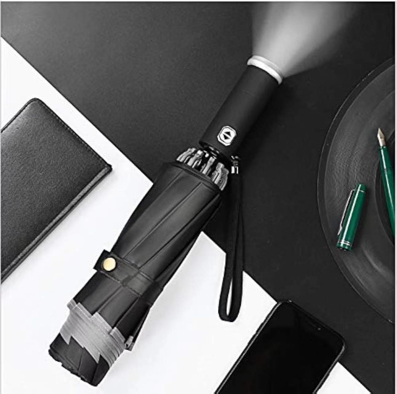 YB High Quality Wholesale Custom 3 Fold Automatic Flashlight Umbrella With LED Light Handle With Reflective Stripe