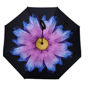 Double Layer Flower Print Design Inverted Upside Down Umbrella for Car