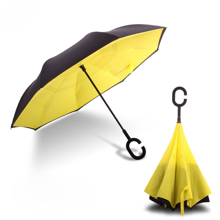 C Handle Inverted Manual Open Black Yellow Color Double Layer Hands Free Umbrella