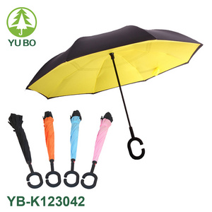 C Handle Inverted Manual Open Black Yellow Color Double Layer Hands Free Umbrella