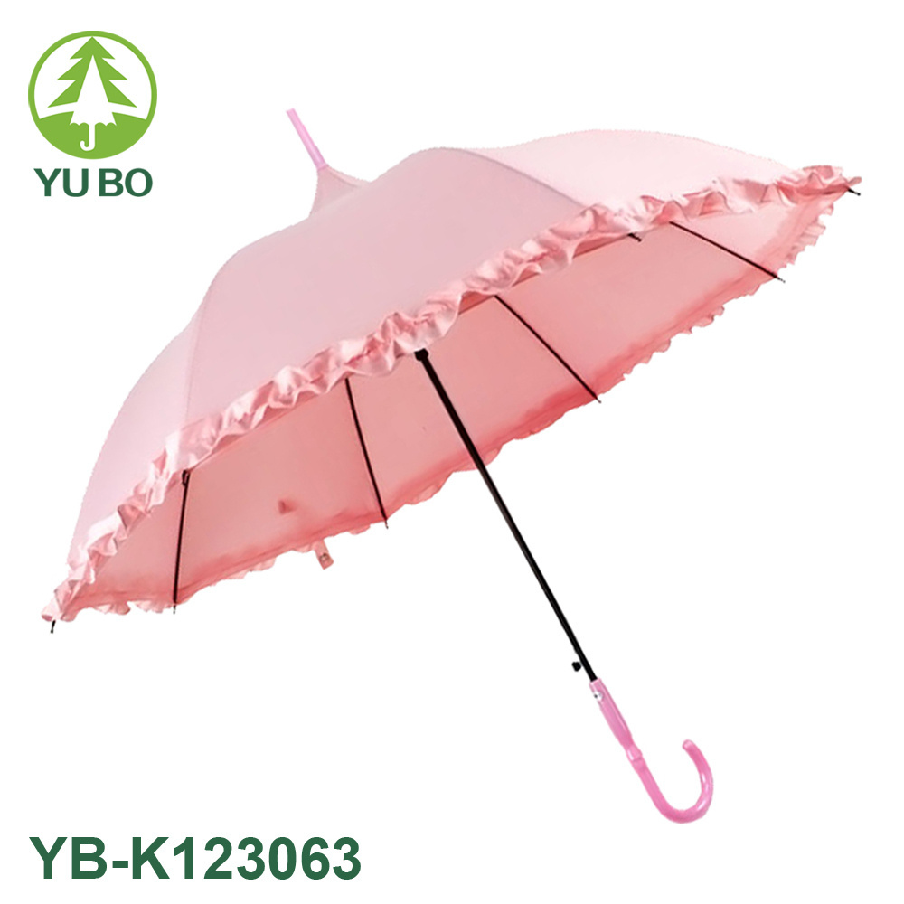 Pretty Pink Color Purfle Edge Auto Open Pagoda Princess Umbrella for Ladies