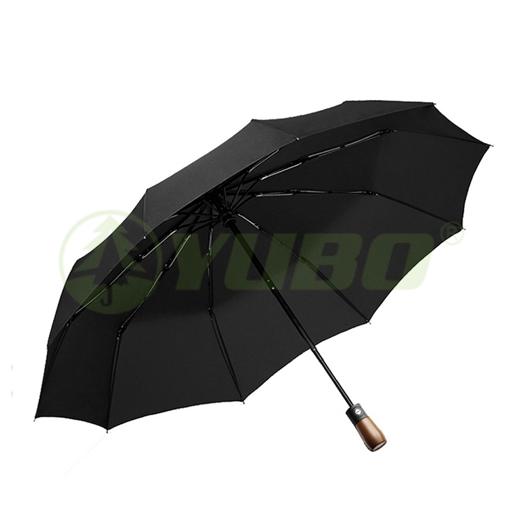 23 Inch Super Strong 10 Ribs Windproof Luxury 3 Fold Umbrella with Wooden Handle