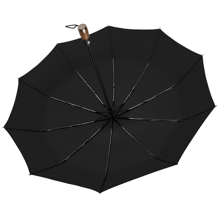 23 Inch Super Strong 10 Ribs Windproof Luxury 3 Fold Umbrella with Wooden Handle