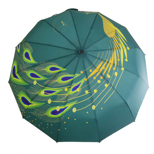 YUBO Top Quality 22 Inch 12 Ribs Peacock Design Printing Auto Open Close 3 Folded Umbrella