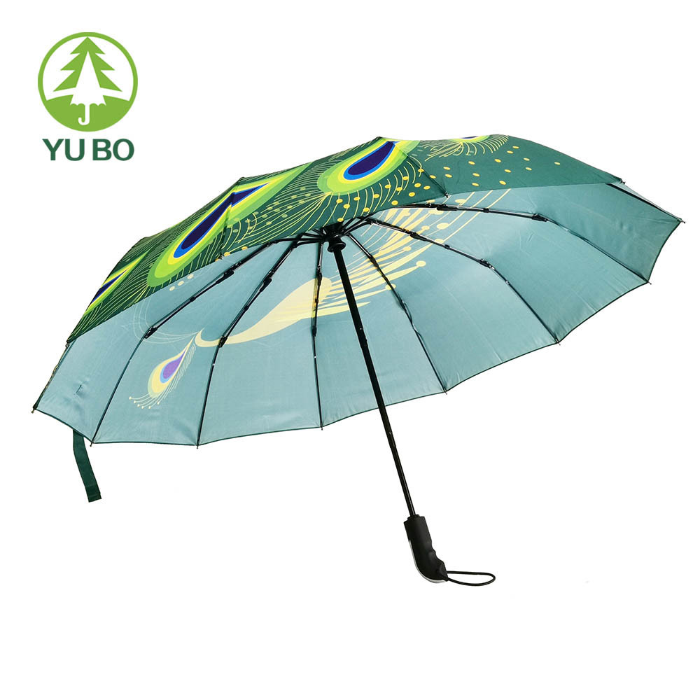 YUBO Top Quality 22 Inch 12 Ribs Peacock Design Printing Auto Open Close 3 Folded Umbrella