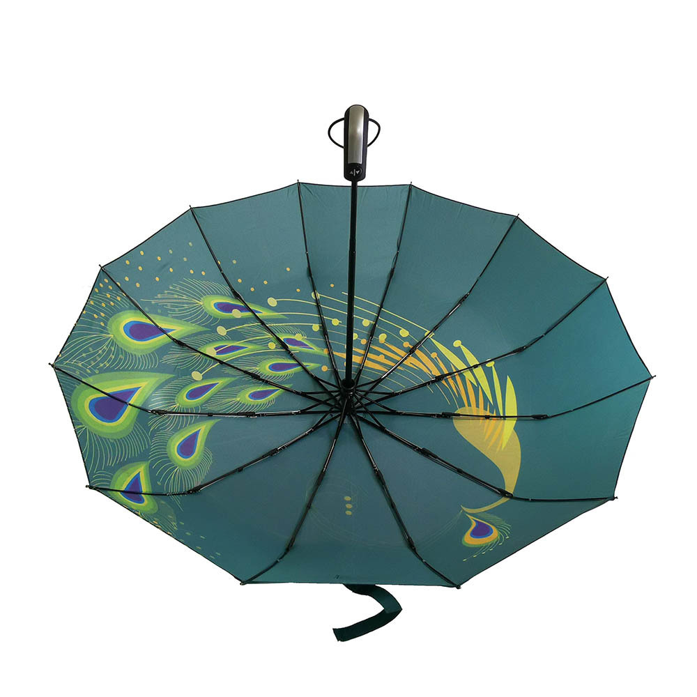 YUBO Top Quality 22 Inch 12 Ribs Peacock Design Printing Auto Open Close 3 Folded Umbrella