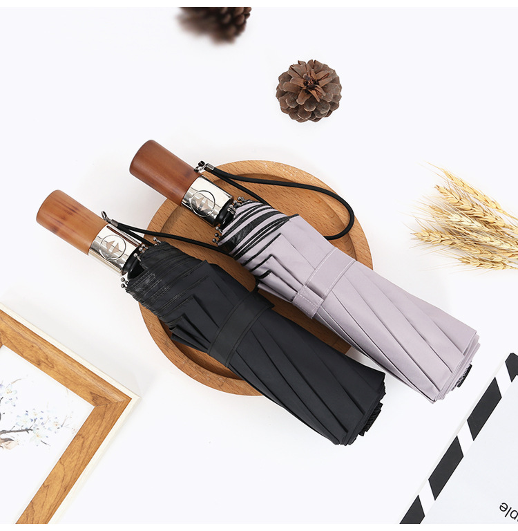 YB Full automatic umbrella men's solid color retro wooden handle three fold ten bone business umbrella increases wind resistance