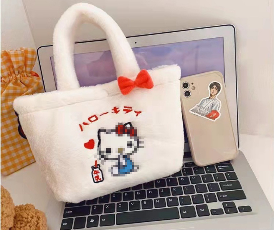 Cute Girl Plush Small Square Bag Handbag Large Capacity Cinnamoroll Melody Tikunomi Cartoon Student Crossbody Bag Gift Wholesale