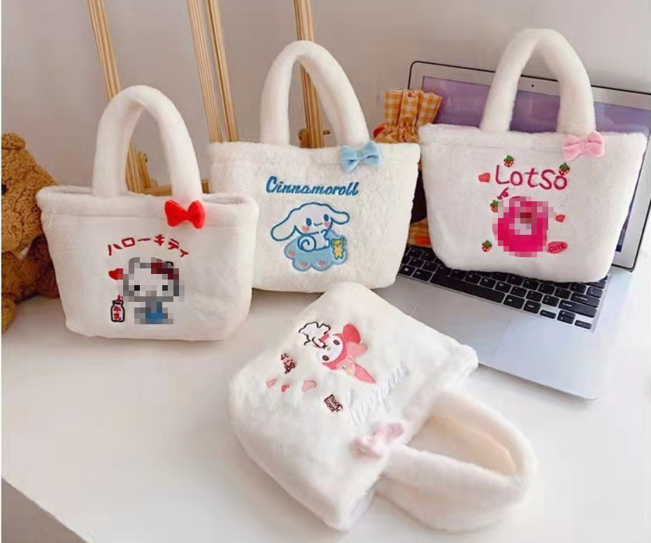 Cute Girl Plush Small Square Bag Handbag Large Capacity Cinnamoroll Melody Tikunomi Cartoon Student Crossbody Bag Gift Wholesale