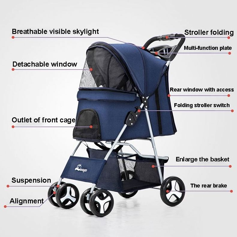 Wholesale Easy Fold Luxury Pet Stroller Dog Carrier 4 Wheels Removable Liner Travel Pet Dog Stroller