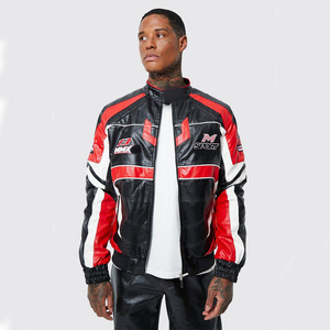 Yuchen windproof red genuine varsity leather motorcycle jacket custom logo patch leather nascar racing jacket for men