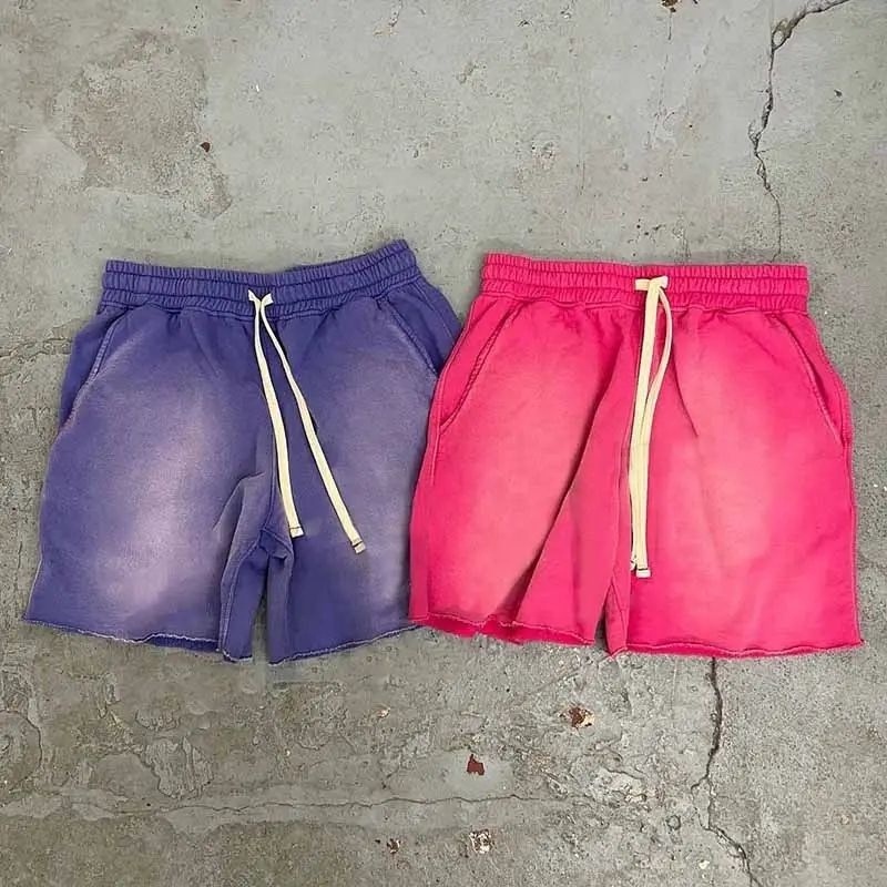 Custom Heavy Weight Cotton Pants Raw Hem Acid Wash Ripped Plain Fleece Streetwear Shorts Sports Drawstring Cargo Joggers Shorts