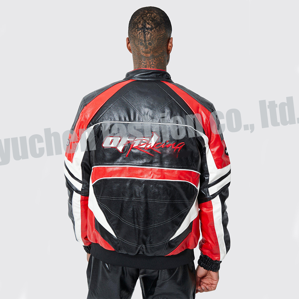 Yuchen windproof red genuine varsity leather motorcycle jacket custom logo patch leather nascar racing jacket for men