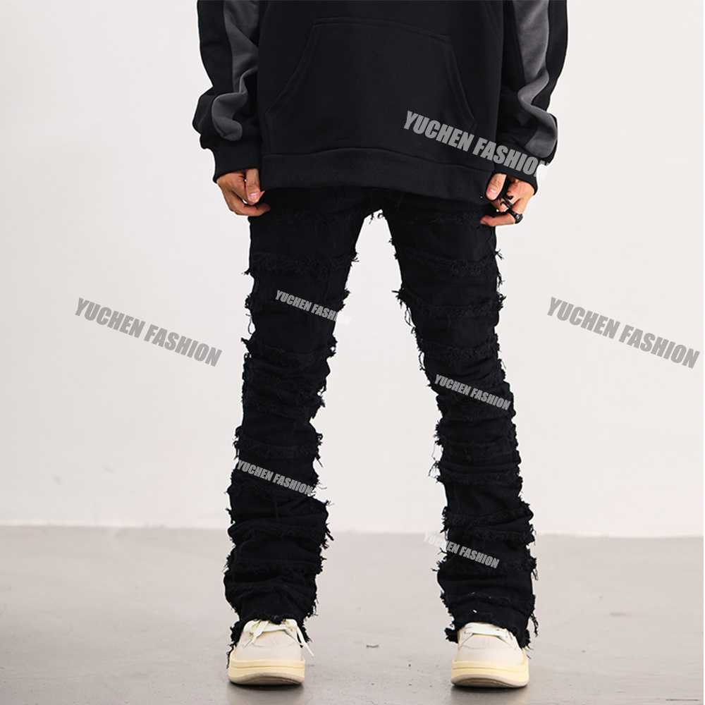 wholesale distressed washed jean men blank skinny stacked flare jean wide leg pants custom distressed ripped stacked denim jeans