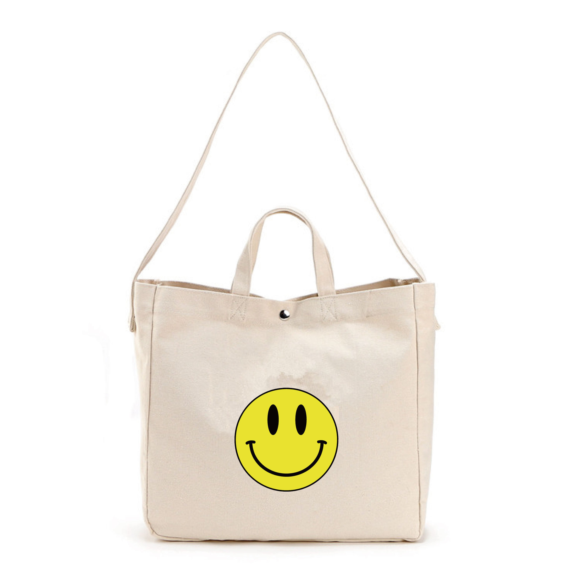 China Supplier with Snap Button Closure Smile Tote Bag Shoulder Natural Cotton Fabric Beach Trips Large Canvas Women'S Tote Bag