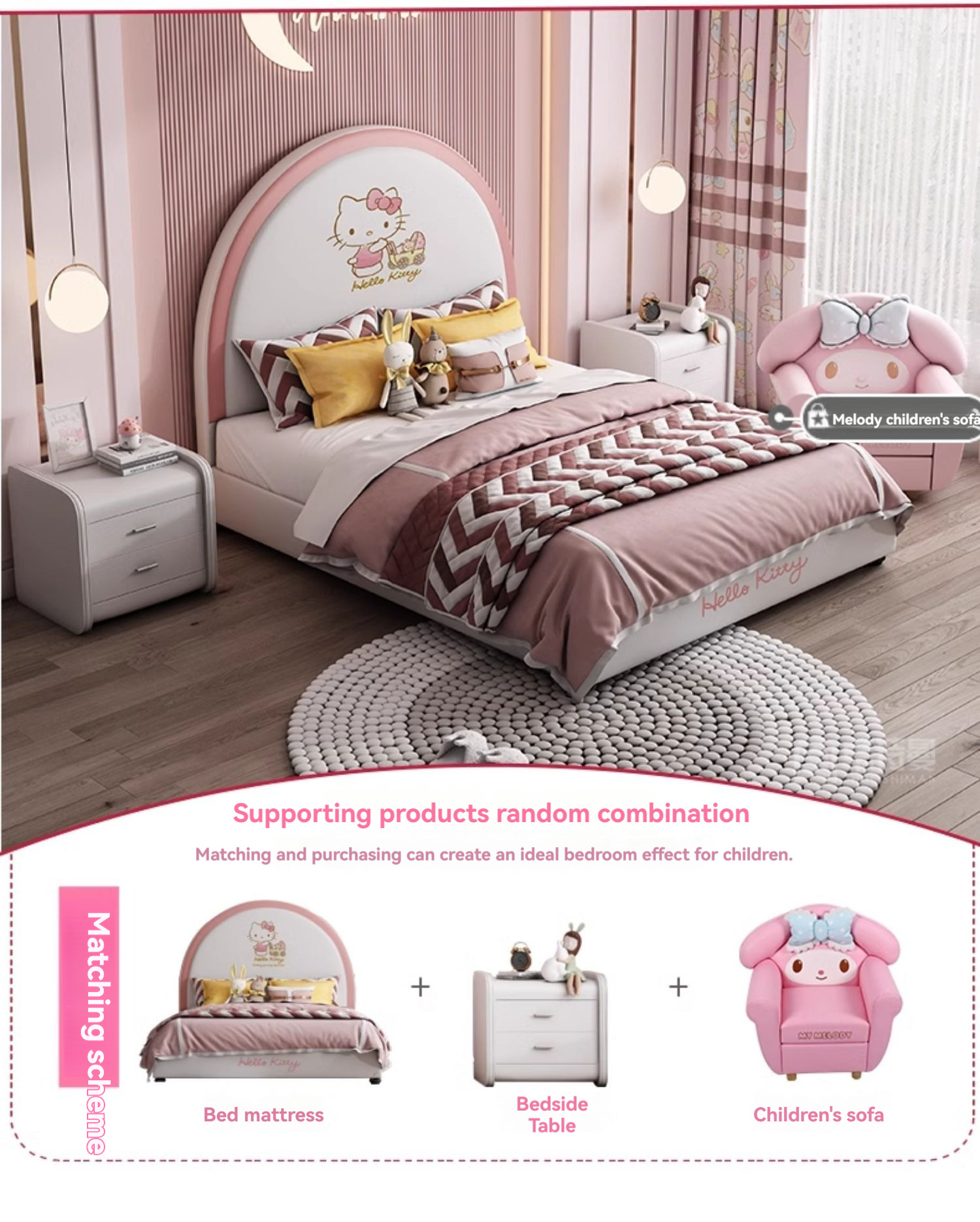 Hello kitty kids bed for girl lit complet Bedroom furniture home matrimonial cama king size bed frame luxury up-holstered bett