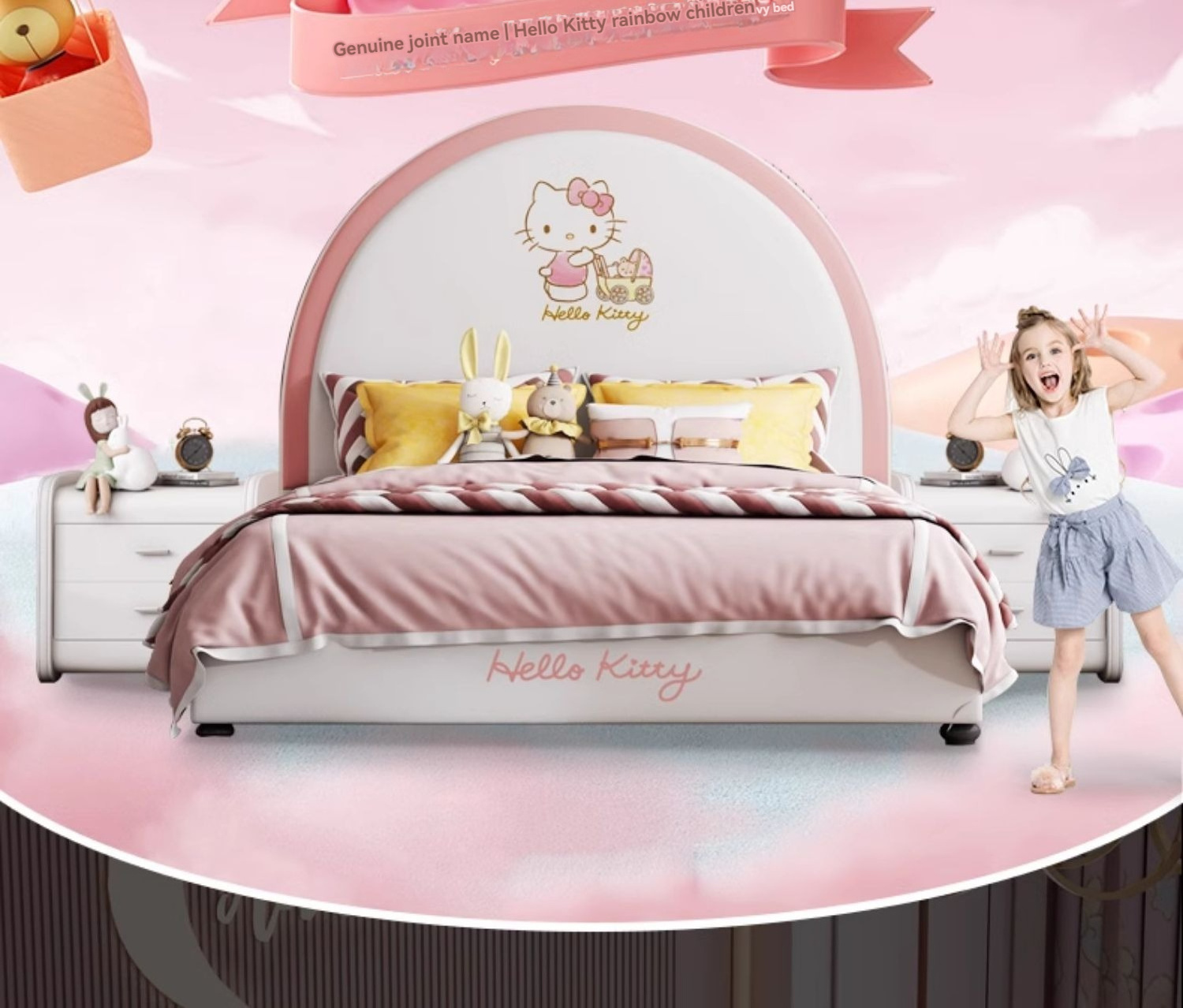 Hello kitty kids bed for girl lit complet Bedroom furniture home matrimonial cama king size bed frame luxury up-holstered bett