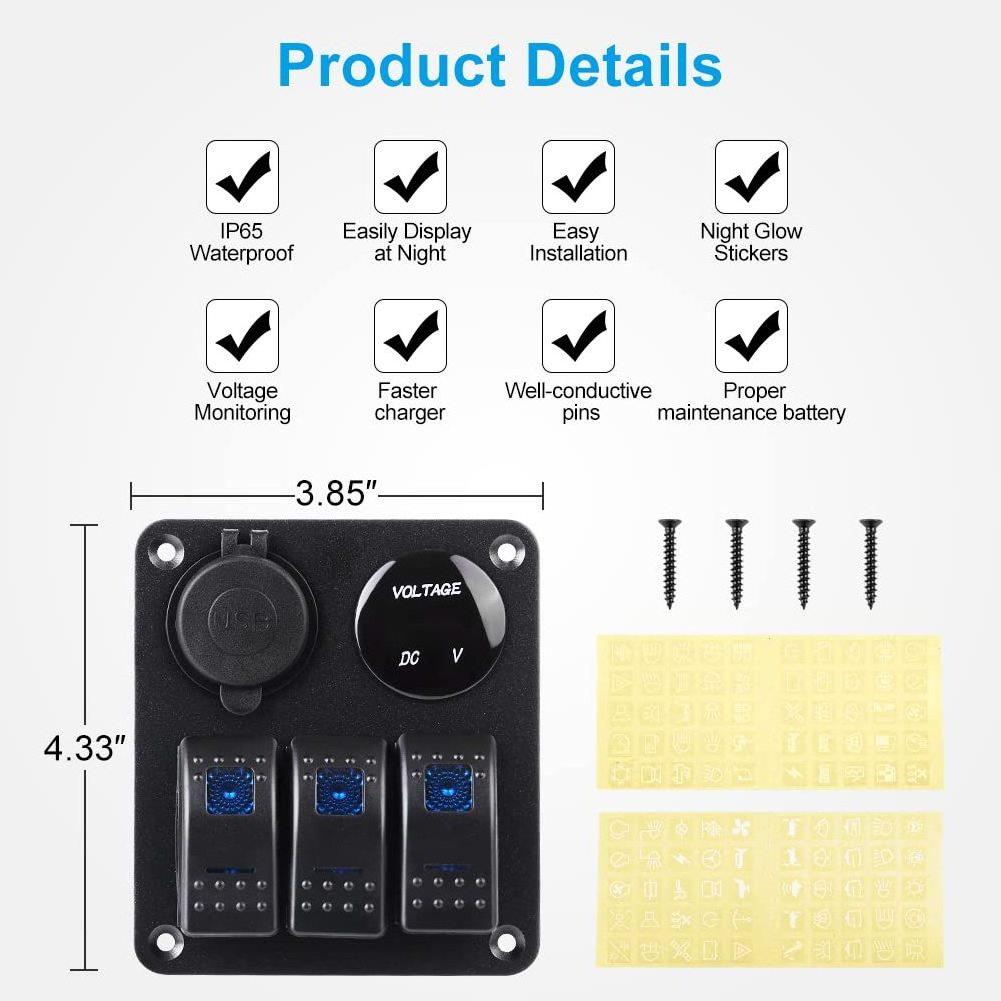 12V/24V 3 Gang LED Rocker Switch Panel Circuit Breaker Blue Rocker Switch Box For Car Boat Marine