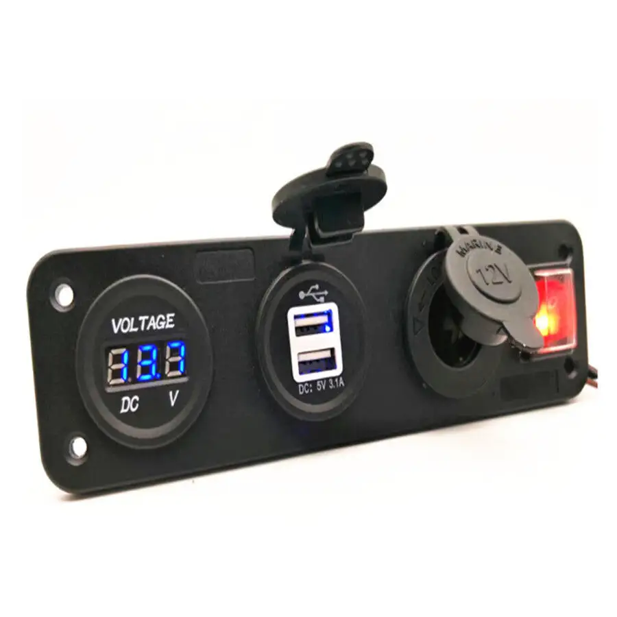 Waterproof Panel Dual USB Charger Socket with LED Voltmeter  Cigarette Lighter Socket Rocker Switch for Car Marine Boat RVTruck