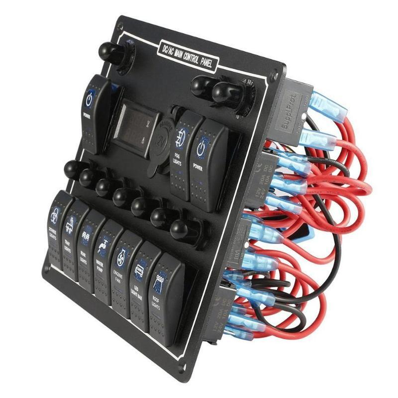 10 gang marine boat rocker switch panel with lighter socket 12V/24V With Digital Voltage Indication Cigarette Lighter