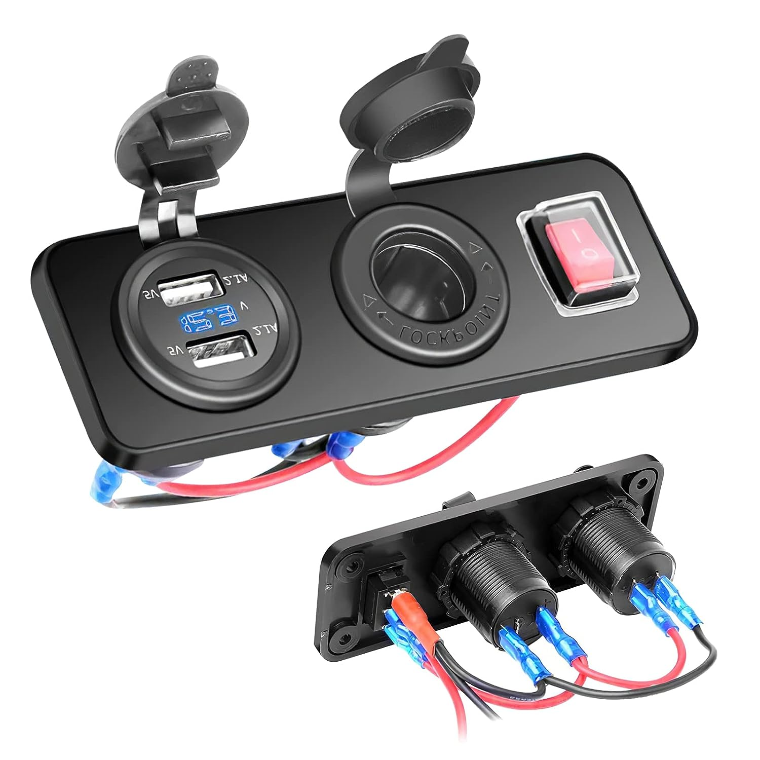 Waterproof Panel Dual USB Charger Socket with LED Voltmeter  Cigarette Lighter Socket Rocker Switch for Car Marine Boat RVTruck