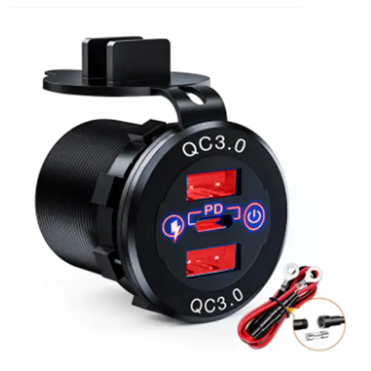 56W DC 12V 24V Power Outlet RED light Type C PD QC3.0 Dual USB Charger with touch switch ON OFF for Car Boat Truck