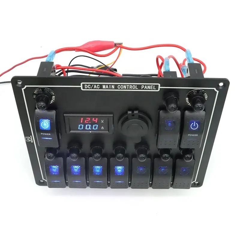 10 gang marine boat rocker switch panel with lighter socket 12V/24V With Digital Voltage Indication Cigarette Lighter