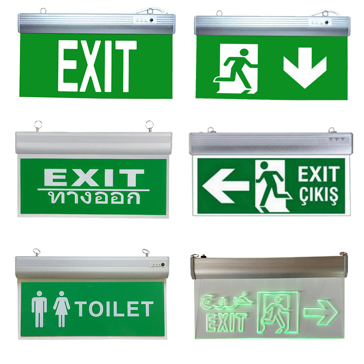 Maintained LED Ceiling Hang Type Acrylic Plastic Board Double Face Green Battery Powered Fire Emergency Light Bulb LED Exit Sign