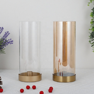 25cm Clear Gold Metal Glass Candle Holder Jar Glass Pillar For Candle Decoration