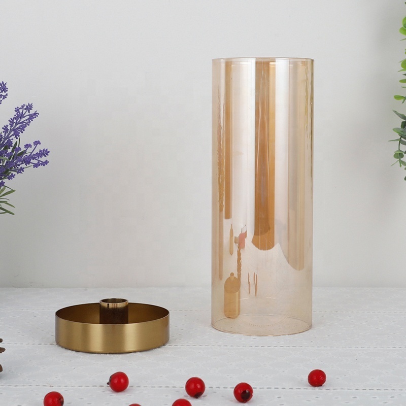 25cm Clear Gold Metal Glass Candle Holder Jar Glass Pillar For Candle Decoration