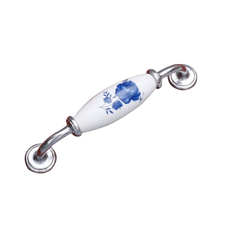 Furniture Hardware Ceramic Door Knob Zinc Alloy Chrome Blue And White Porcelain Cabinet Dresser  Drawer Handles