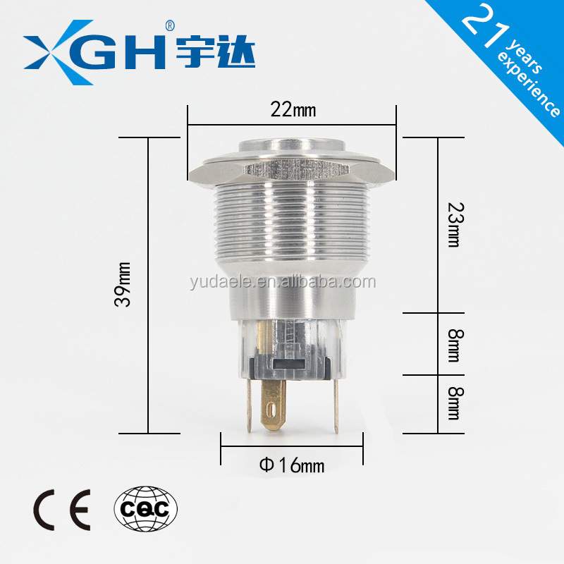 16mm Metal pushbutton switch,5 pin 6 pin momentary / latching push button on off led switch  with lamp IP67