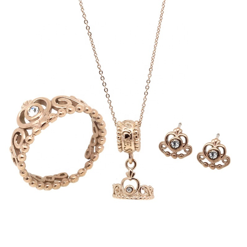 Yudan Stainless Steel Crown Ring Pendant Earring Jewelry Sets Women