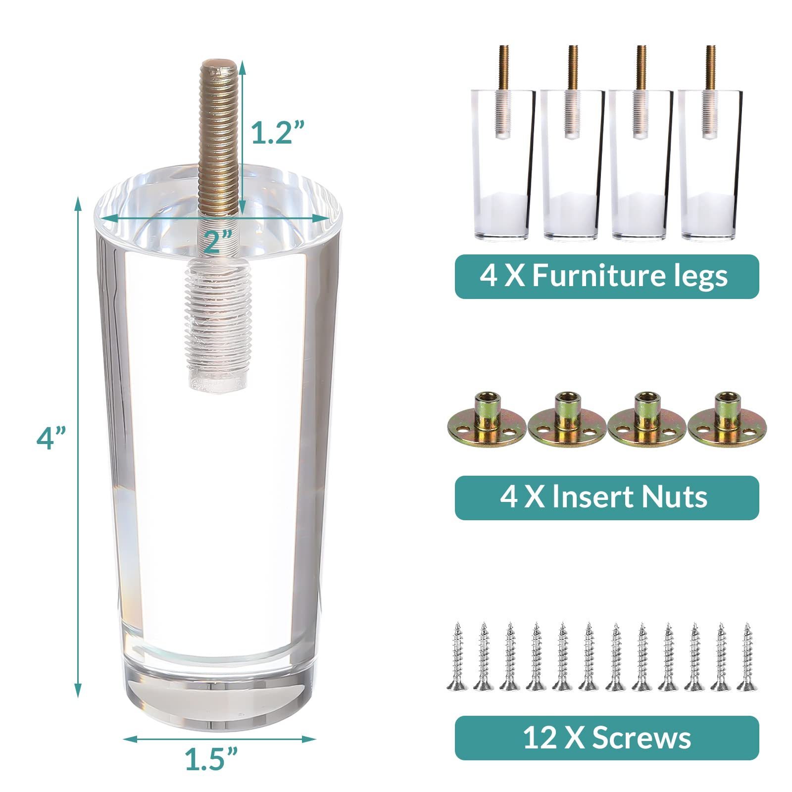 4 Inch Round Acrylic Furniture Legs Set 4 pieces Transparent Acrylic Leg For Furniture Sofa Table Cabinet Bed Bench