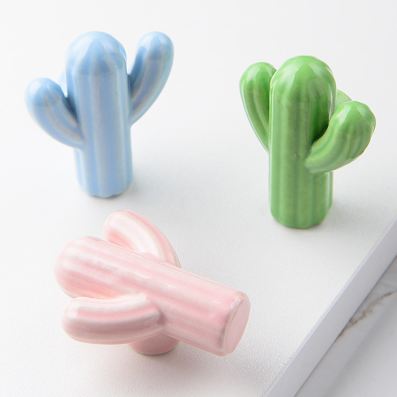 Wholesale Creative ceramic handle Cartoon Cute cactus Ceramic cabinet drawer Single-hole Small knobs Handles For Kids Furniture