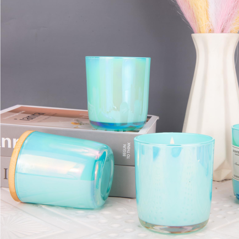 Iridescent Holographic Round Bottom Glass Candle Jar With Wood Lids Candle Jars Glass With Lid And Box