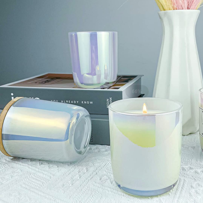 Iridescent Holographic Round Bottom Glass Candle Jar With Wood Lids Candle Jars Glass With Lid And Box