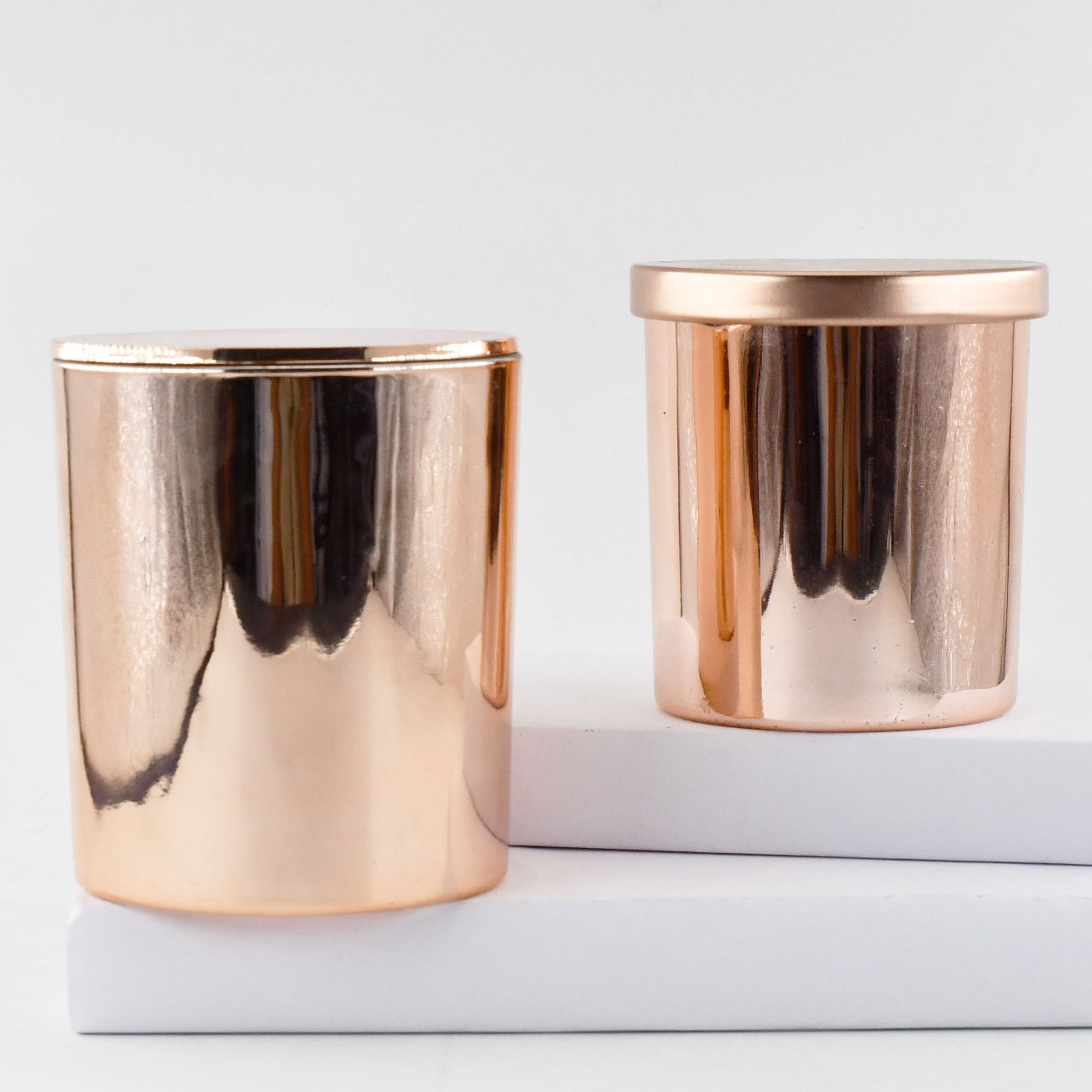 Hot Sale Empty Copper Electroplating Rose Gold Chrome Glass Candle Jars with Luxury Metallic Finish Mirror Lid