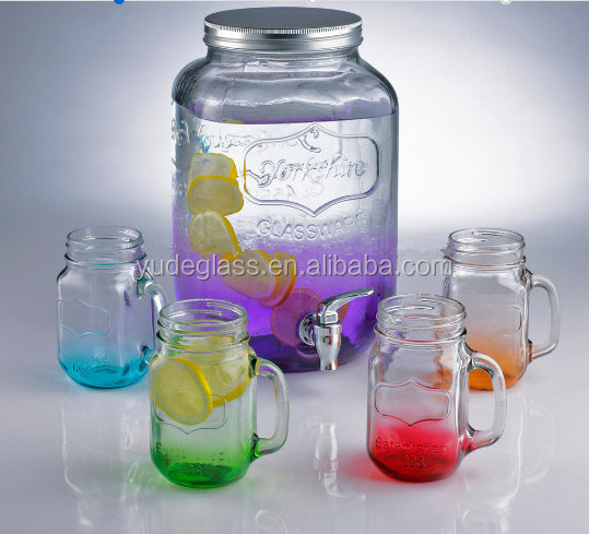 drink glass dispenser with 4 set mason jar with handle and glass jar with metal lid and sraw