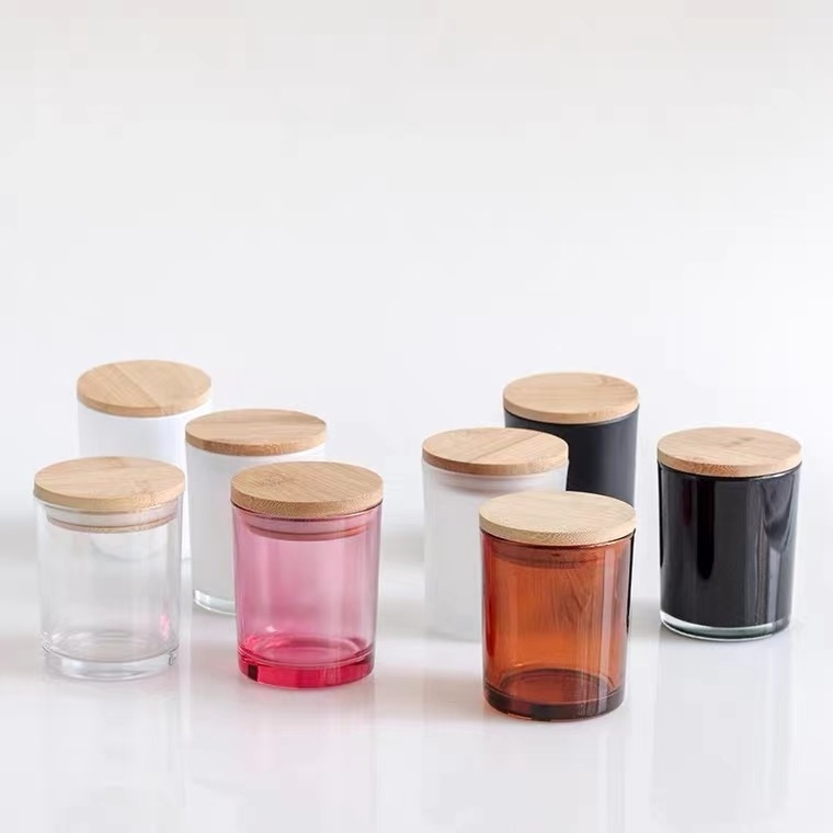 Customized Empty Clear Colourful Frosted Glass Candle Jars With Wooden Lids Candle Vessels For Candle Making