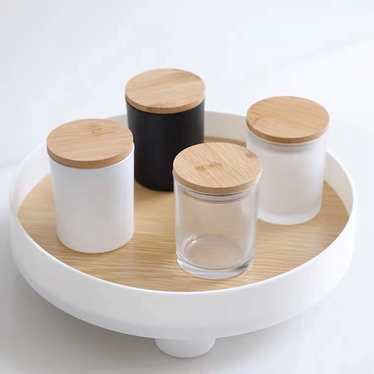 Customized Empty Clear Colourful Frosted Glass Candle Jars With Wooden Lids Candle Vessels For Candle Making