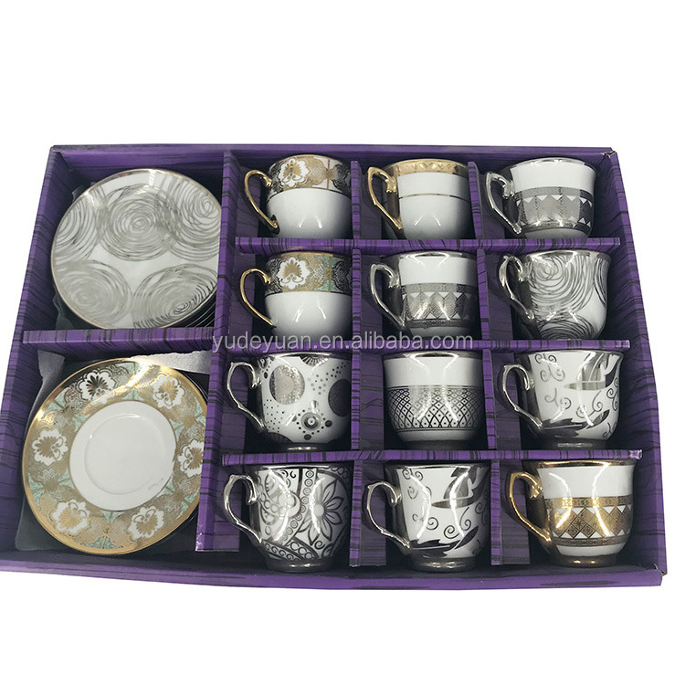 wholesale custom design 60cc 80cc multiple patterns gold silver rim tea 12pcs cup and saucer