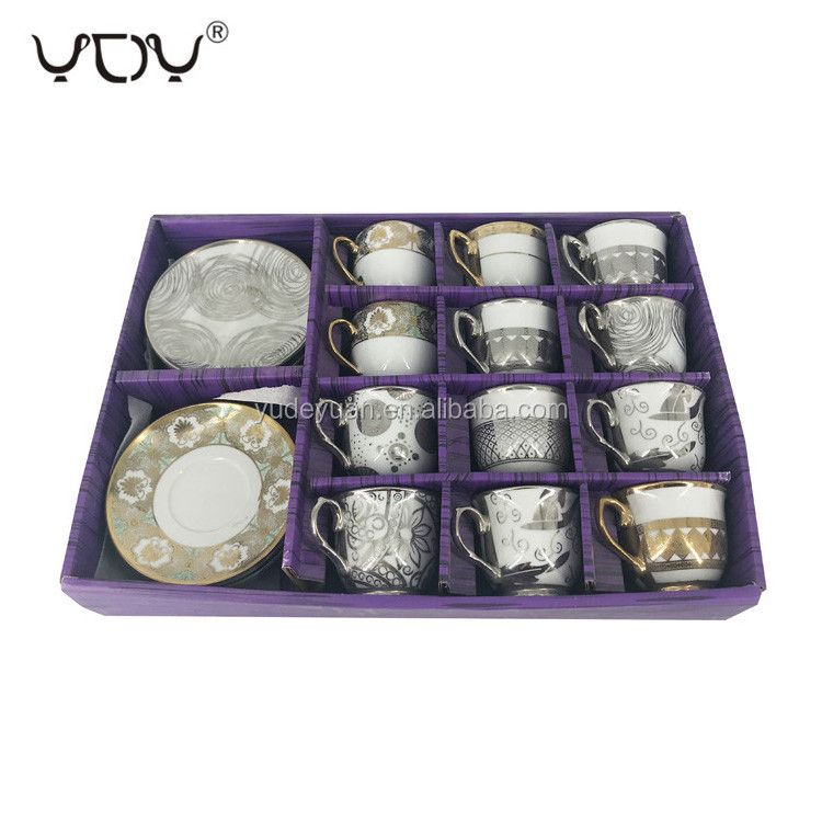 wholesale custom design 60cc 80cc multiple patterns gold silver rim tea 12pcs cup and saucer