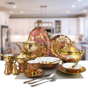 chaozhou ceramic factory custom design pakistan electroplated luxury porcelain gold dinnerware dinner set 72 pcs luxury